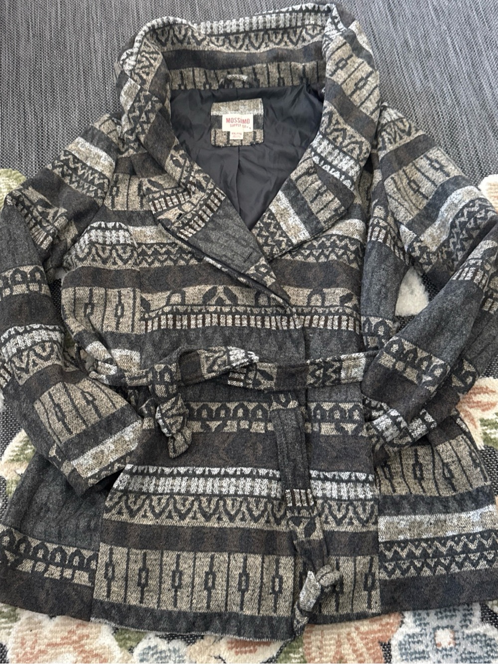 Mossimo Supply Co. Gray and Cream Patterned Belted Cardigan Coat XXL
